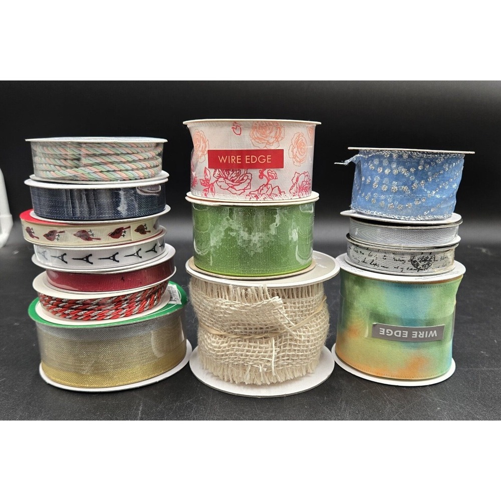 Mixed Craft Ribbon Lot Wired Edge Burlap Sheer Floral Cardinal Eiffel Tower 12pc